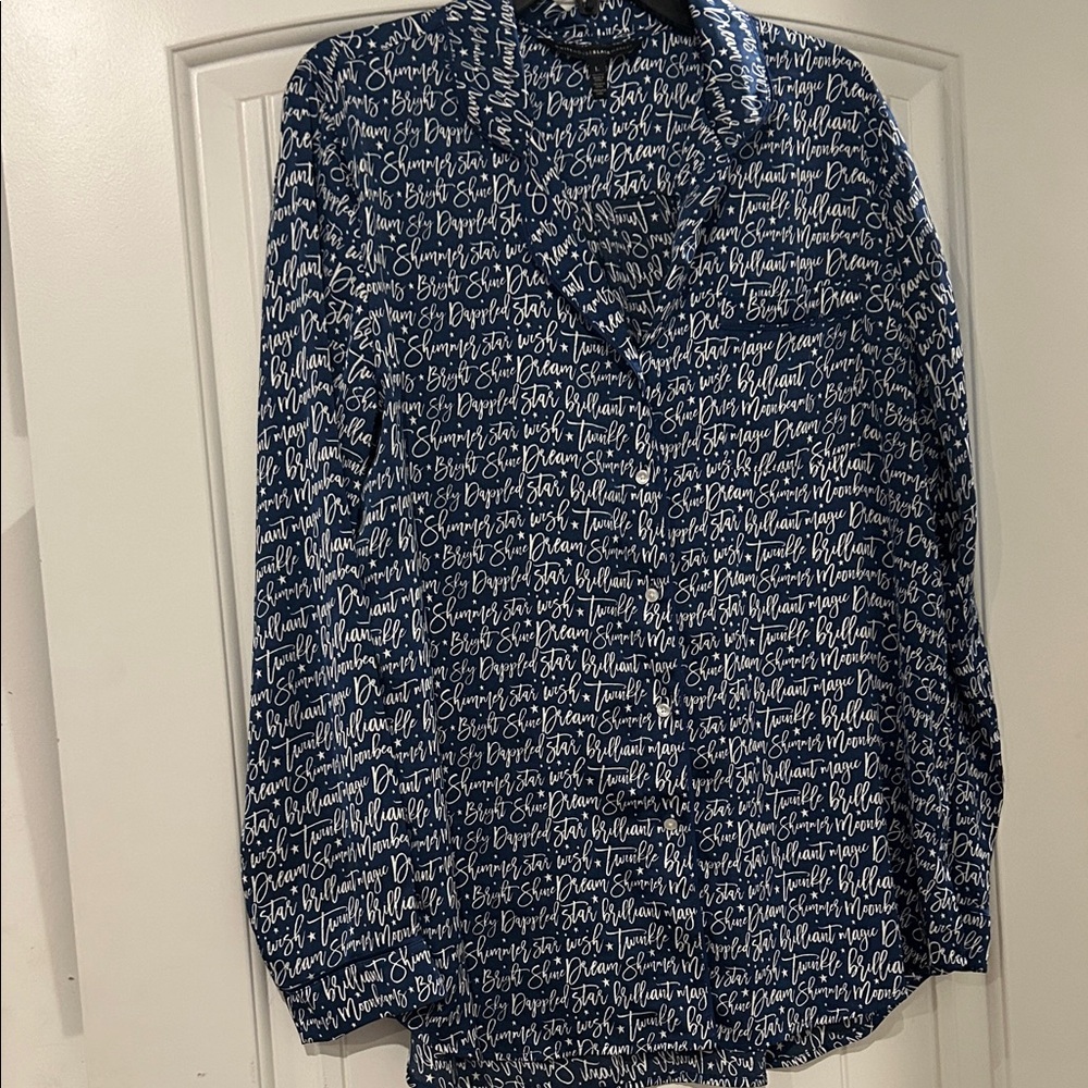 White House Black Market Navy Button-Front Script Print Shirt